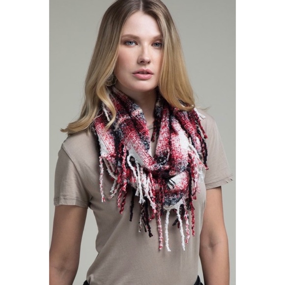 SOLD OUT Red & Navy Plaid Infinity Soft Long Tassel Scarf - Picture 3 of 3